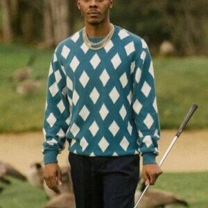 Bogey Boys Sweater Crewneck Rhombus Diamond Pattern Teal White Golf Macklemore